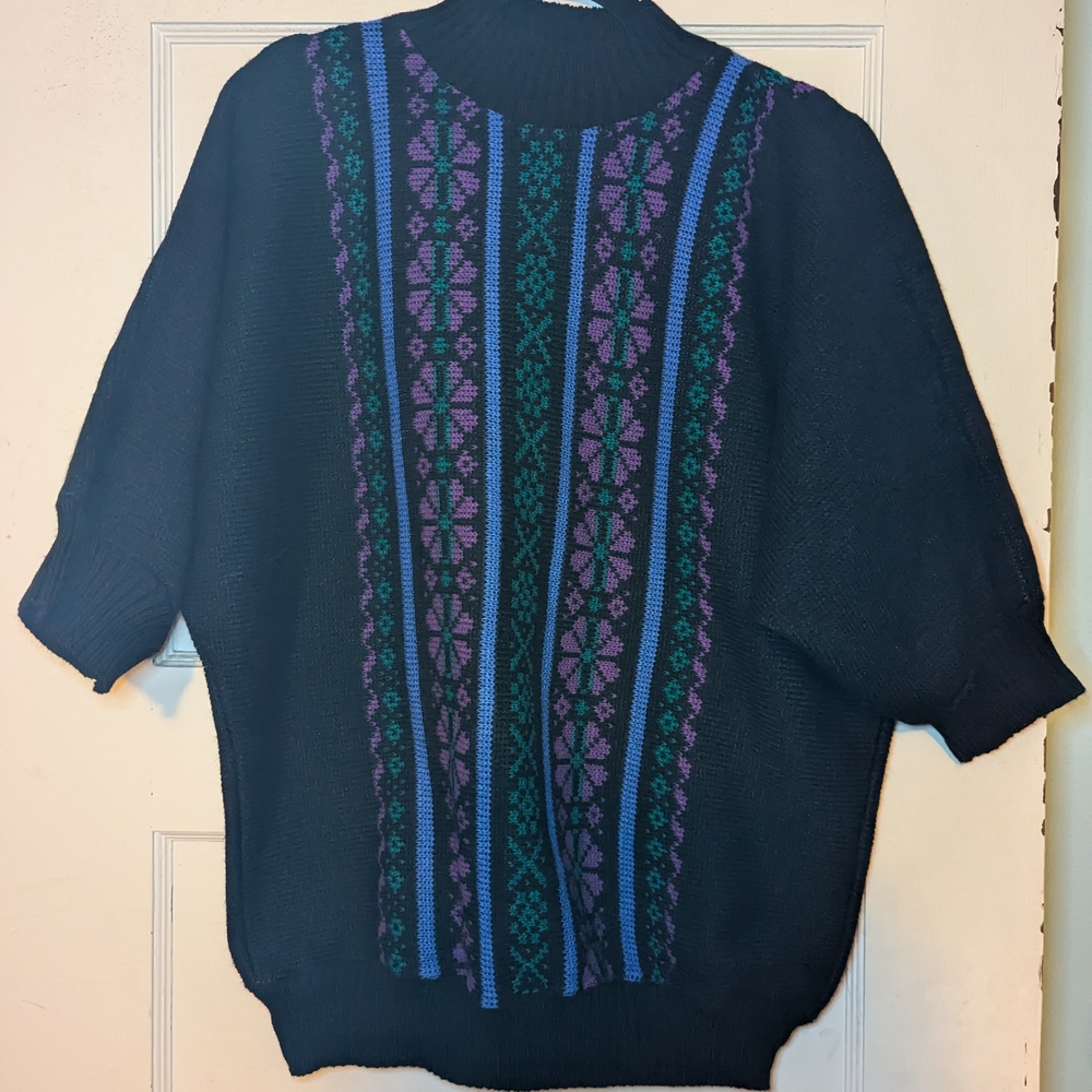 Vintage Black Short Sleeve Sweater With Purple Floral Pattern - Cozy Goth